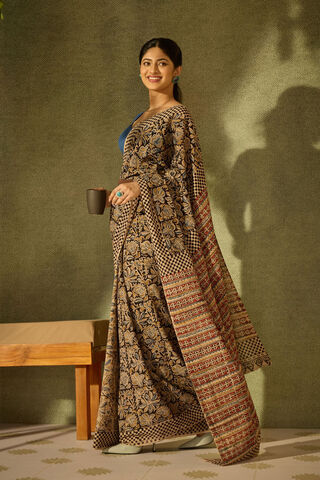 Black Printed Kalamkari Machilipatnam Pure Cotton Saree thumbnail image number null