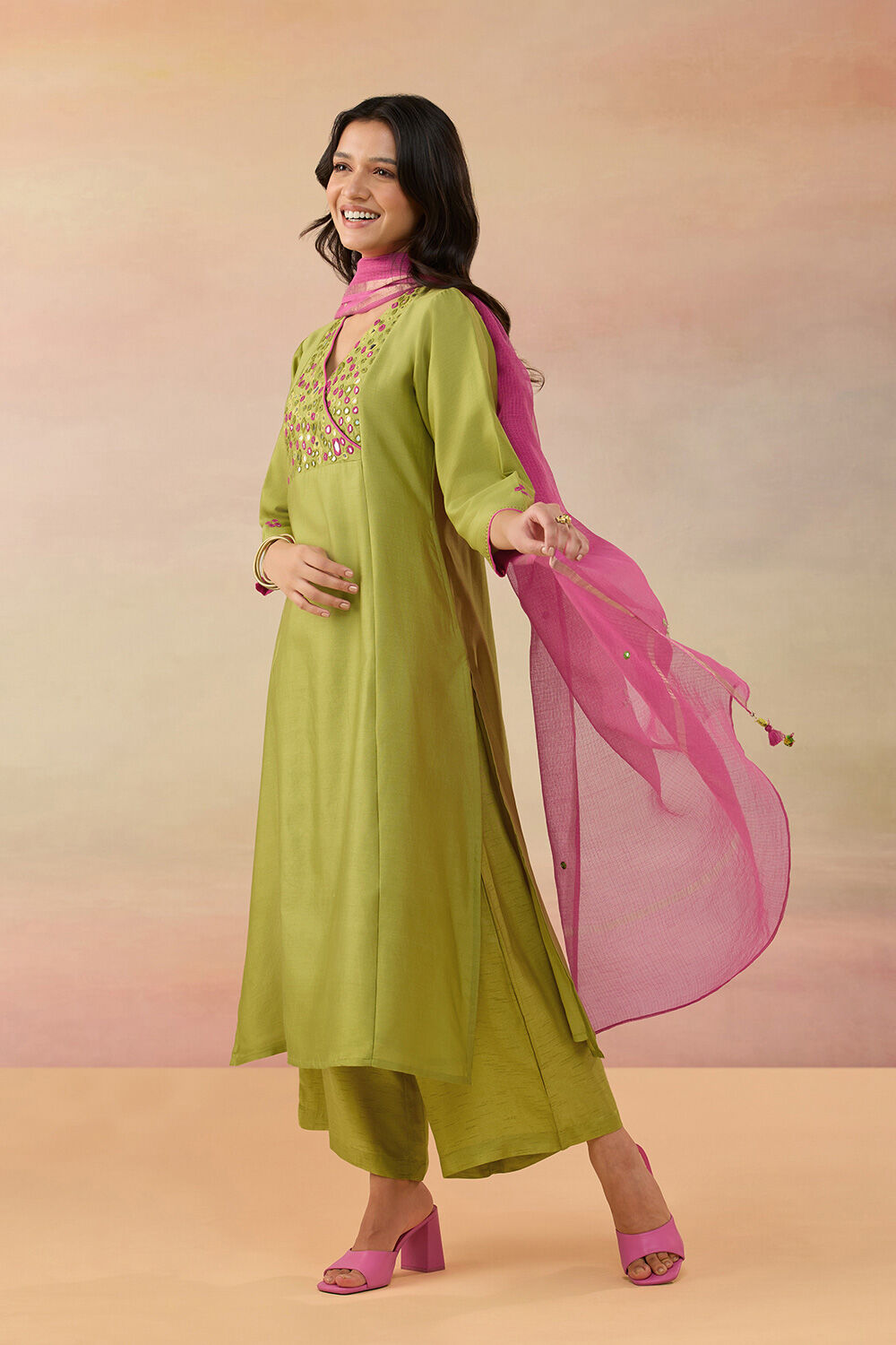 Green Pure Silk Cotton Shisha Kurta Set image number null