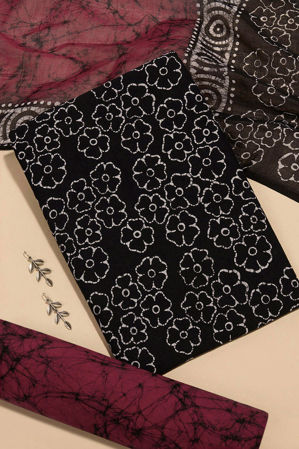 Black Pure Cotton Batik Unstitched Suit Set image number null