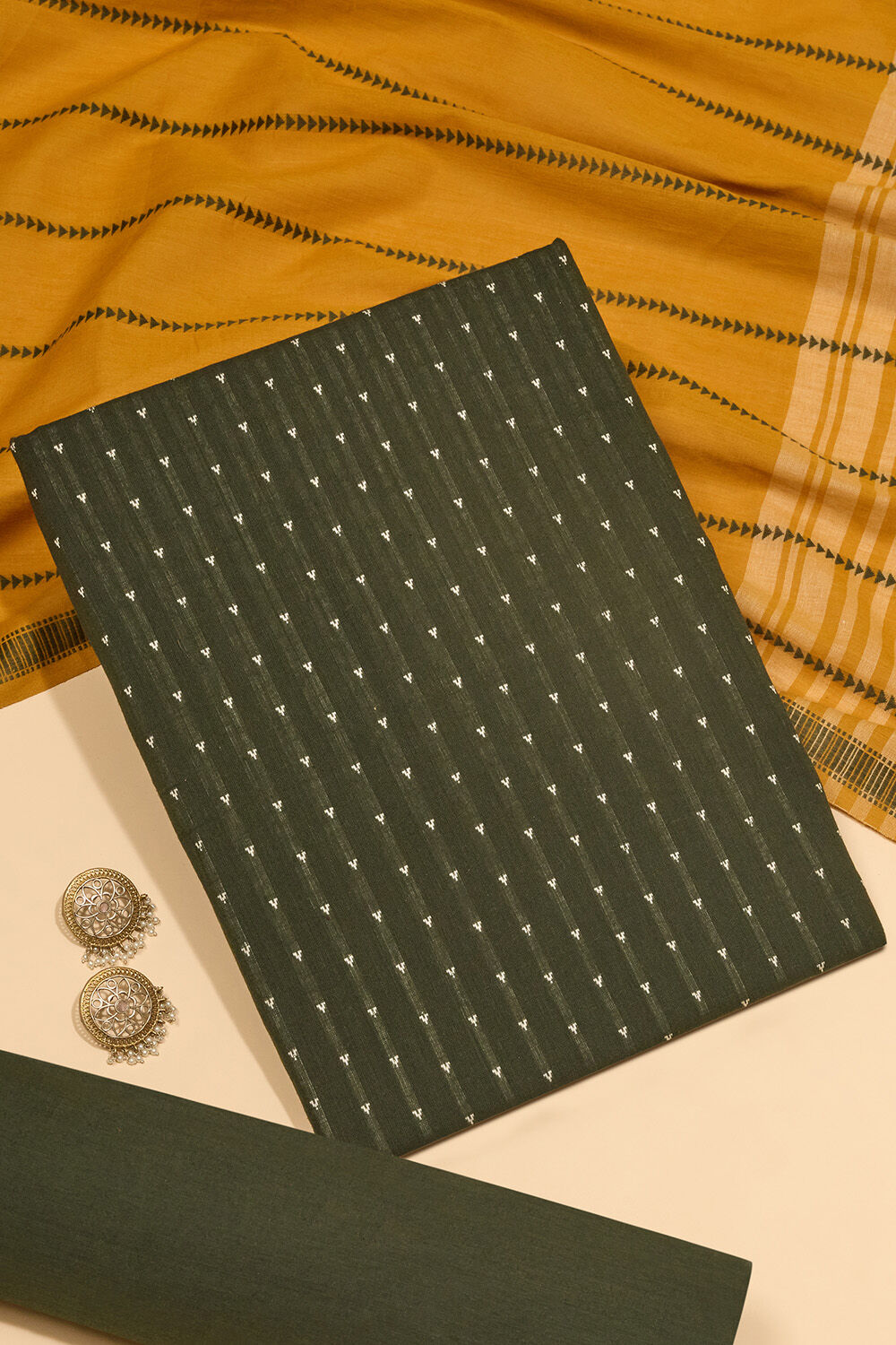 Dark Green Woven Pure Cotton Unstitched Suit Set image number null
