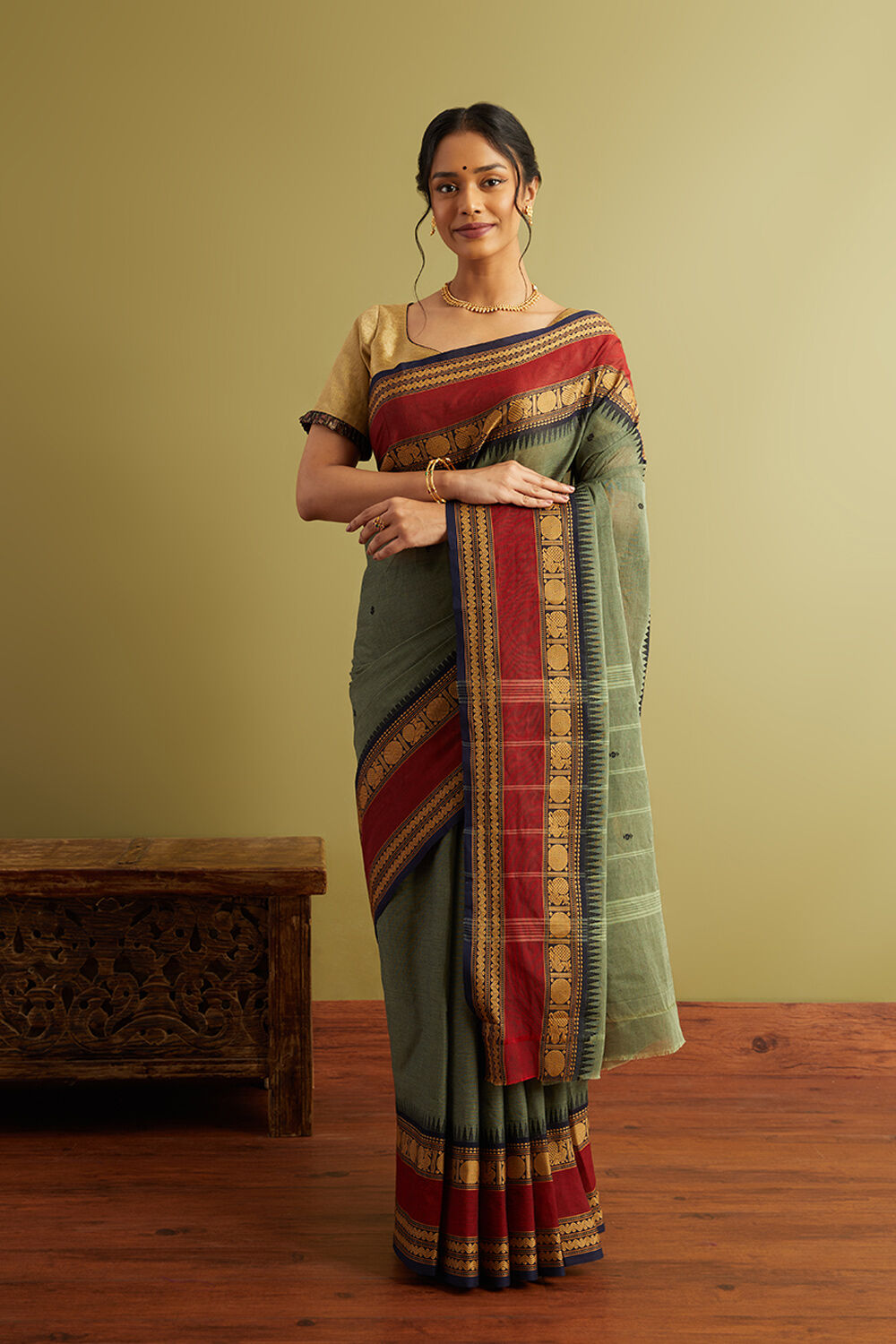 Dark Green Woven Pure South Cotton Saree image number null