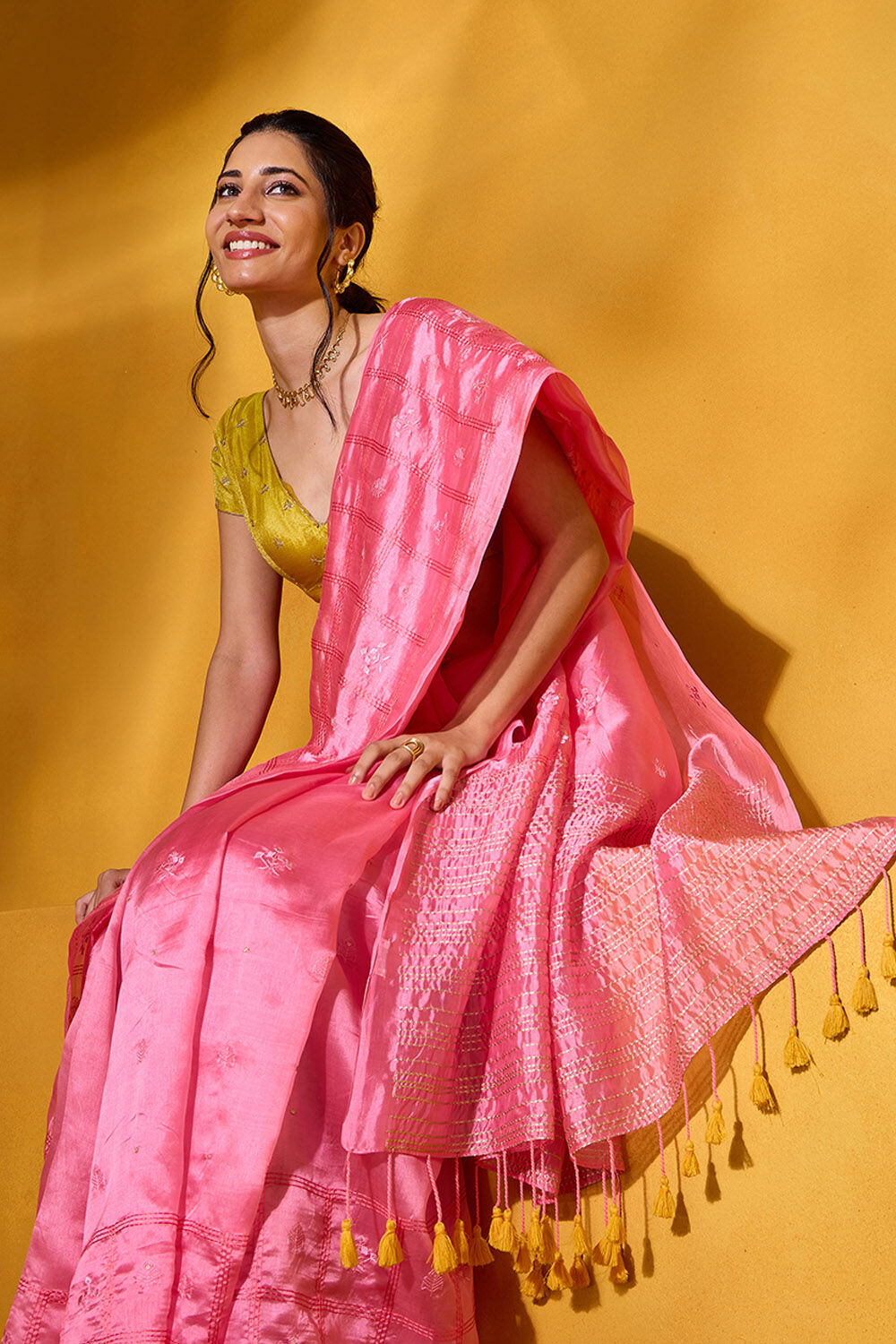 Pink Embroidered Silk Tencel Saree image number null