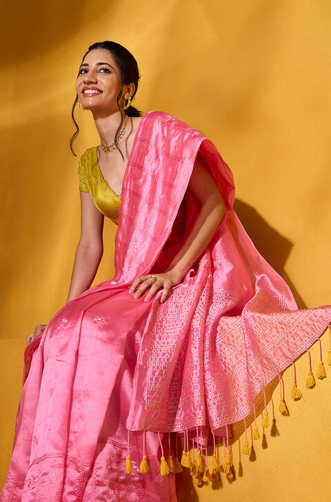 Pink Embroidered Silk Tencel Saree