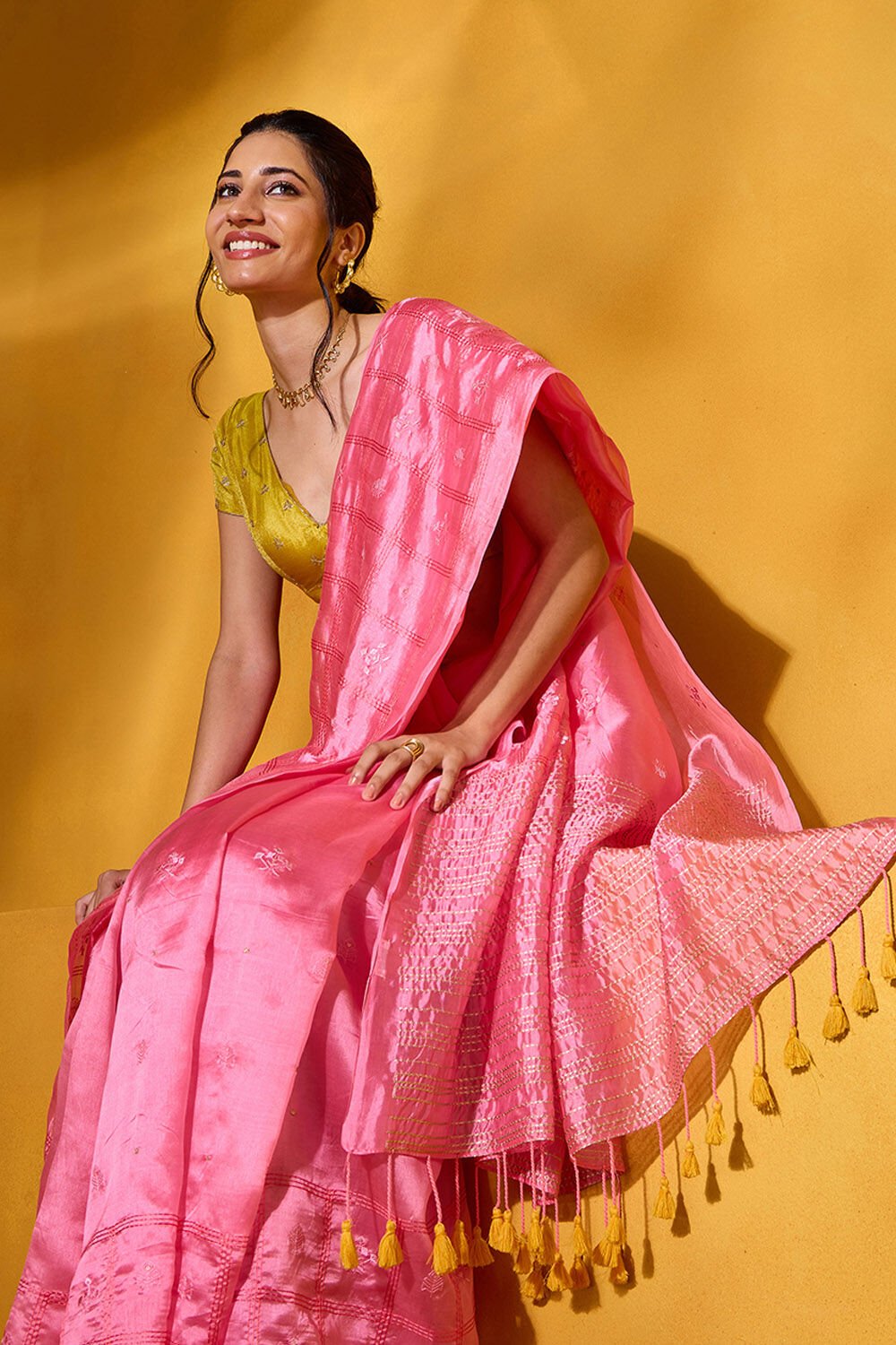 Pink Embroidered Silk Tencel Saree image number null