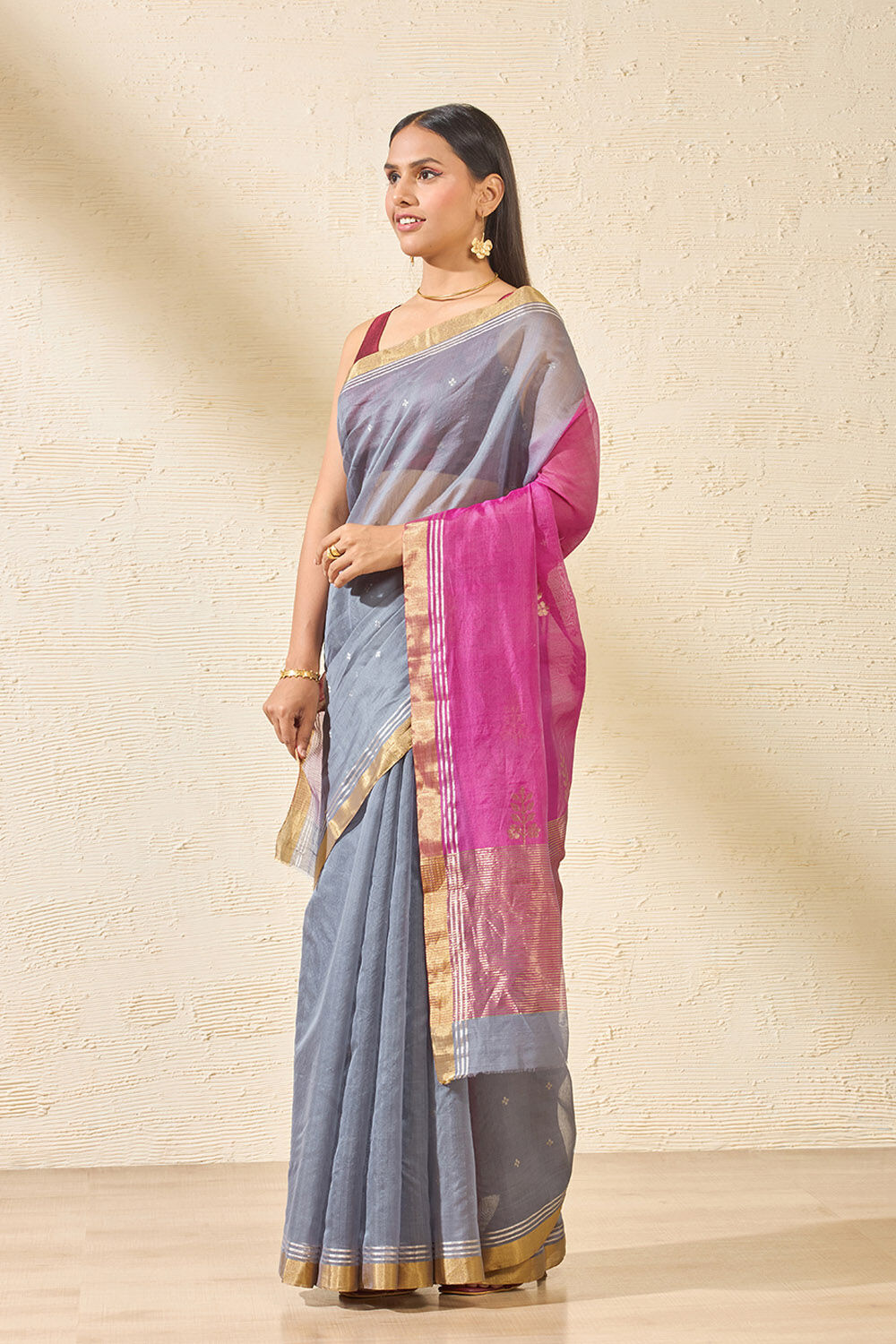 Grey Woven Pure Silk Cotton Chanderi Saree image number null