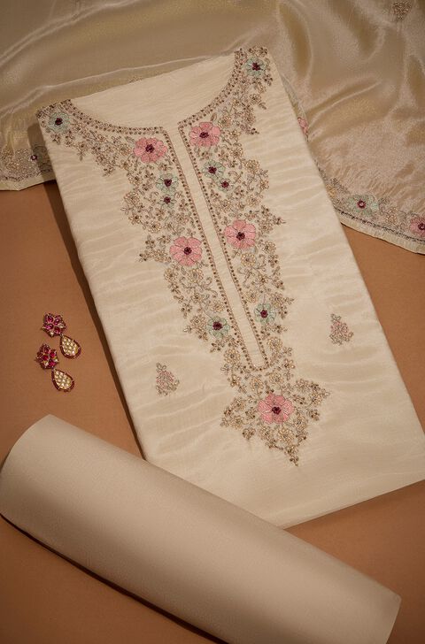 Off White Viscose Embroidered Unstitched Suit Set