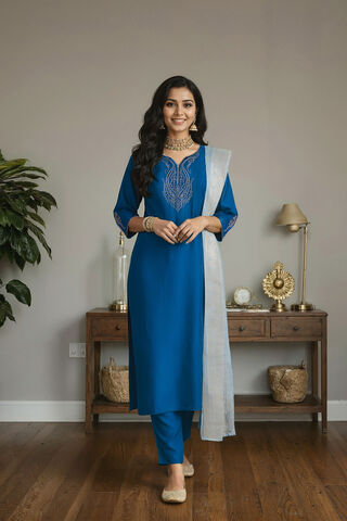 Blue Pure Viscose Embroidered Kurta Set image number