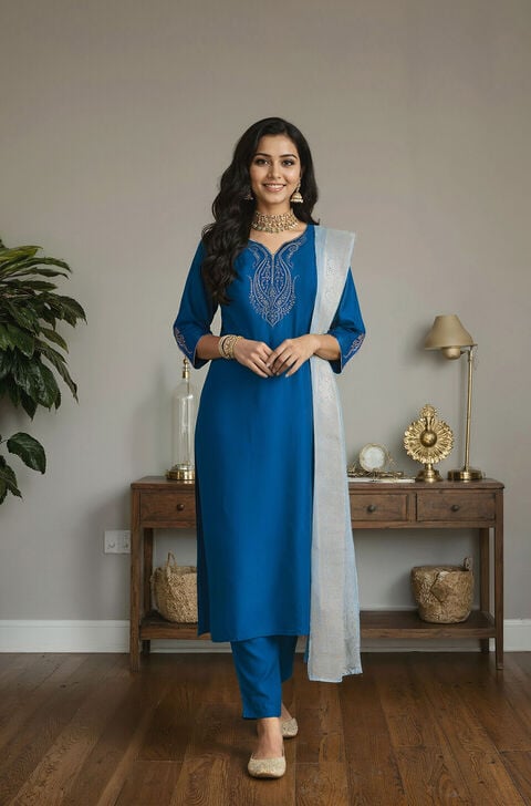 Blue Pure Viscose Embroidered Kurta Set