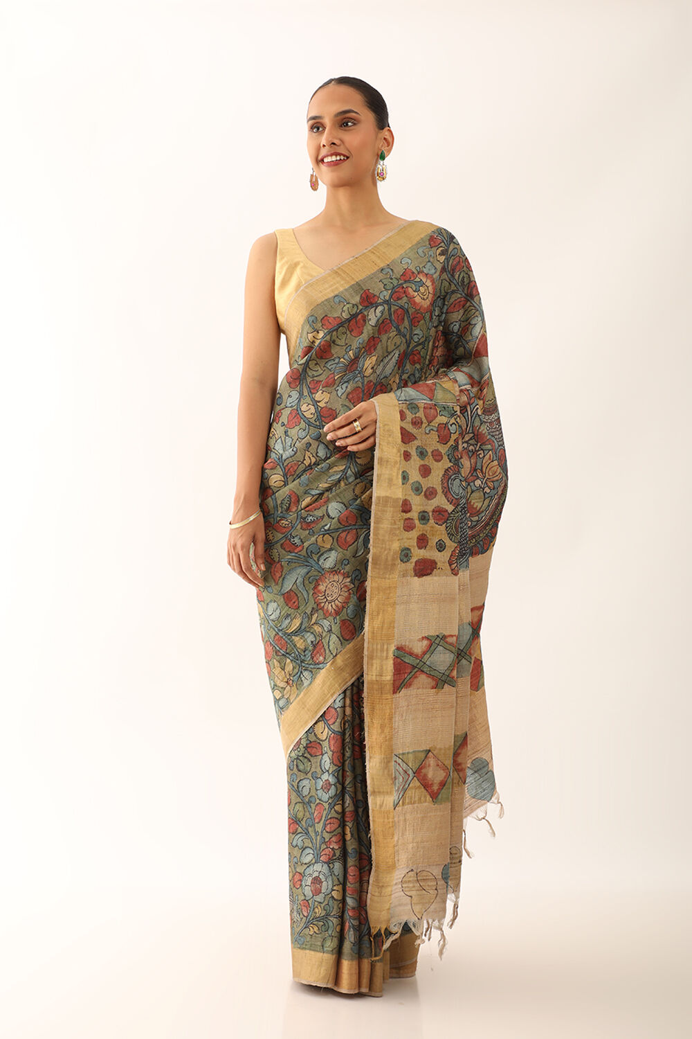 Green Srikalahasti Pure Tussar Silk Kalamkari Saree image number null