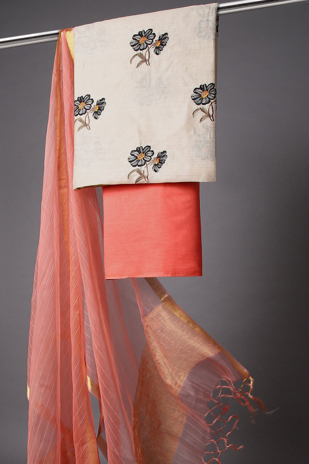 Beige Embroidered Silk Unstitched Suit Set image number null