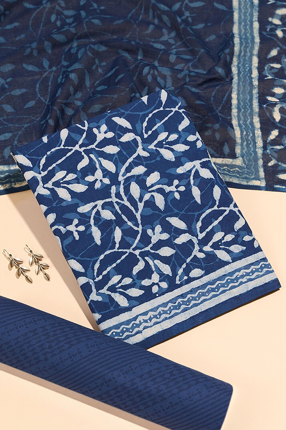 Dark Blue Pure Cotton Dabu Block Printed Unstitched Suit Set image number null