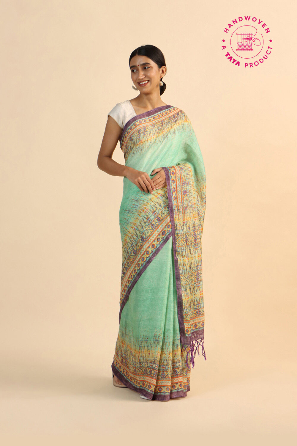 Light Green Pure Linen Digital Printed Saree image number null