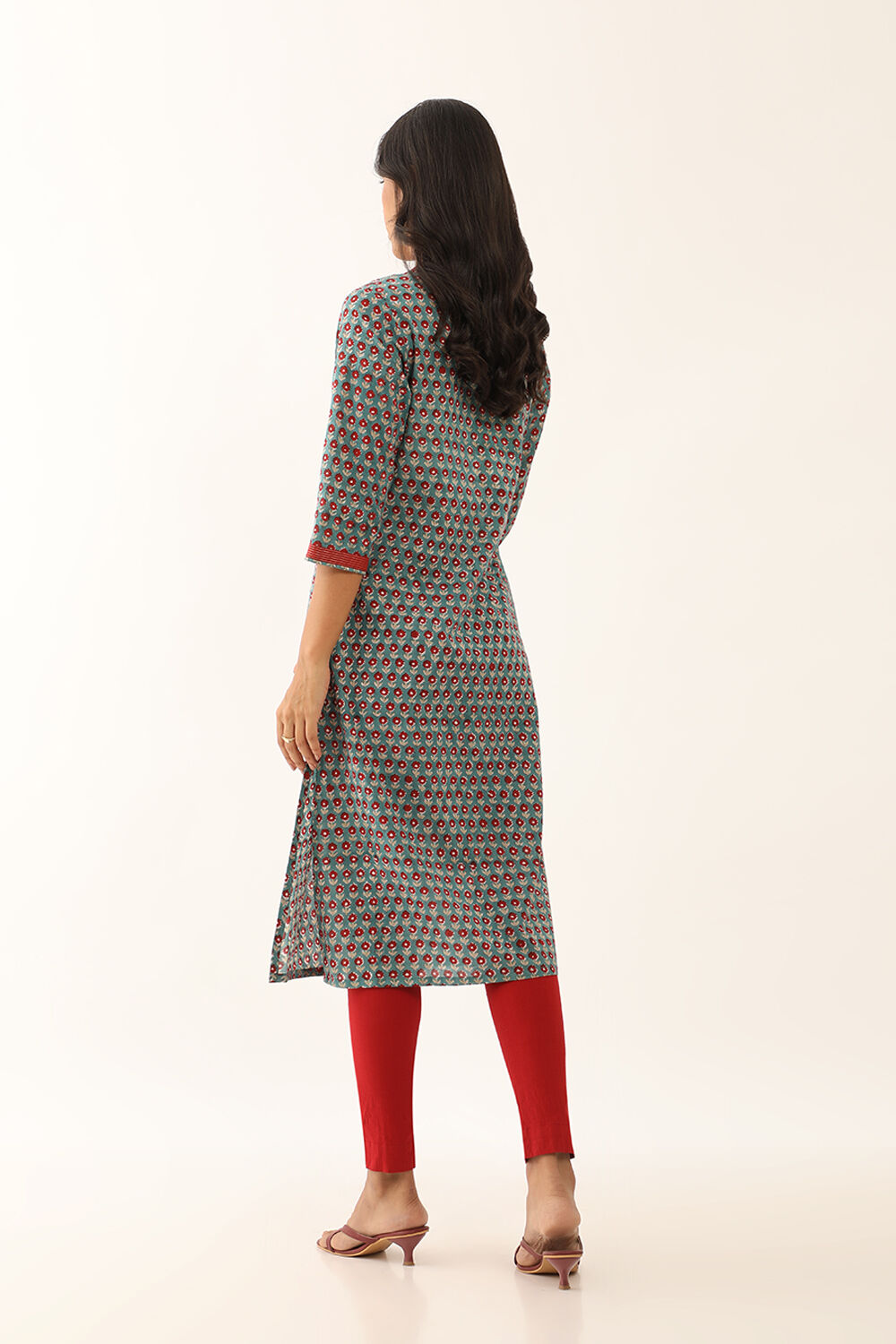Green Pure Cotton Block Printed Kurta with Embroidery image number null