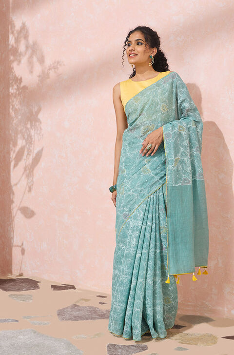 Light Blue Block Printed Tissue Linen Saree