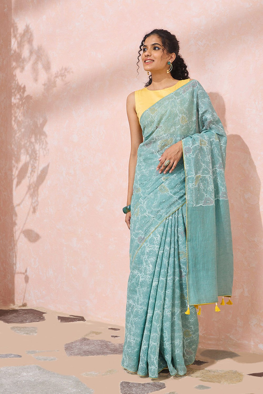 Light Blue Block Printed Tissue Linen Saree image number null