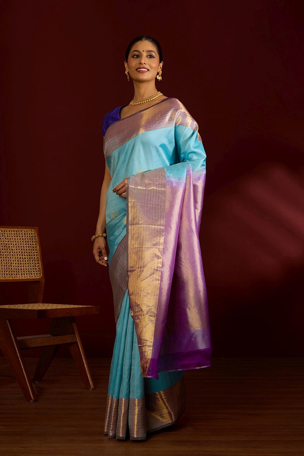 Light Blue Kanjivaram Silk Readymade/Easy Saree main image 0