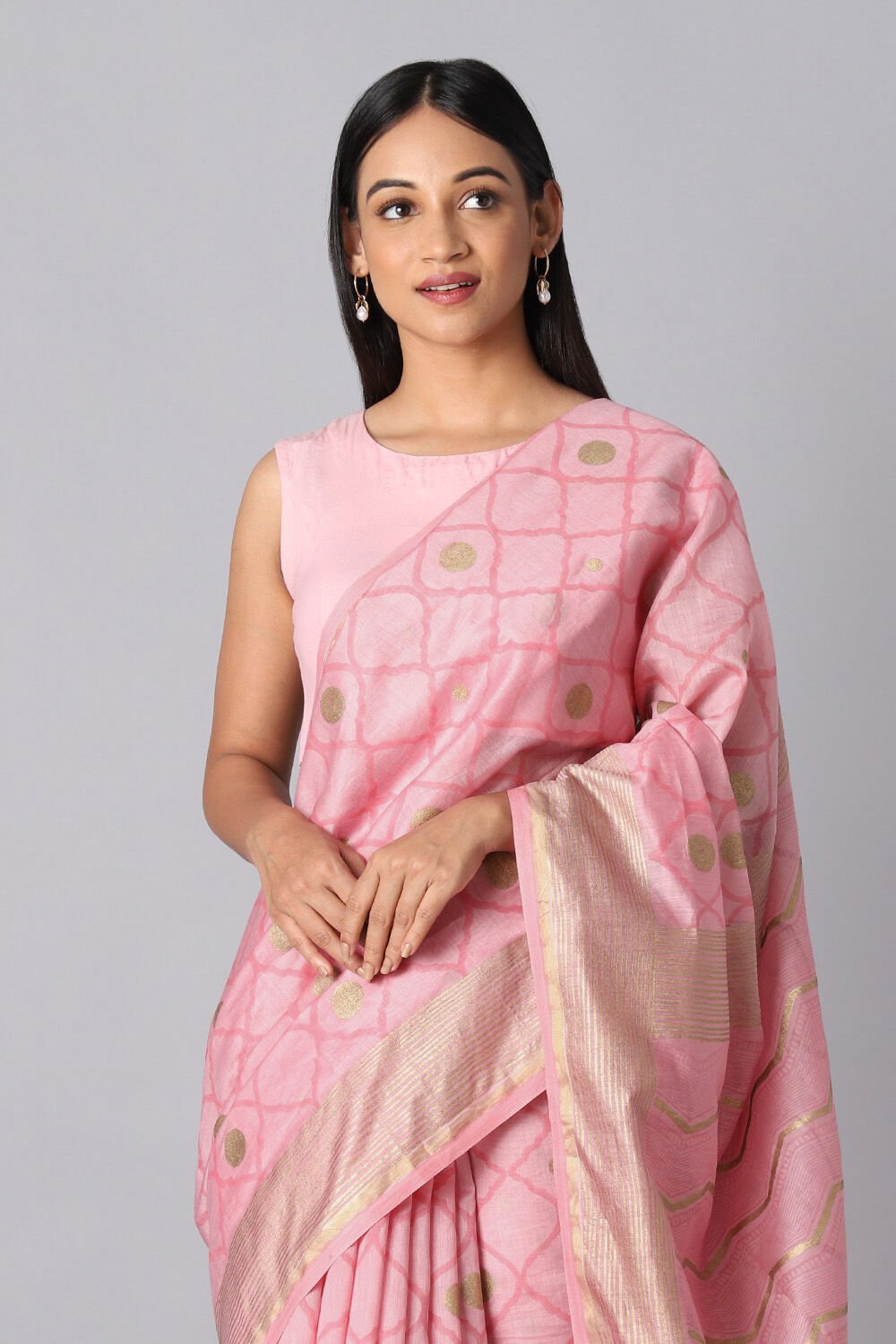 Pink Pure Silk Cotton Hand Printed Saree image number null