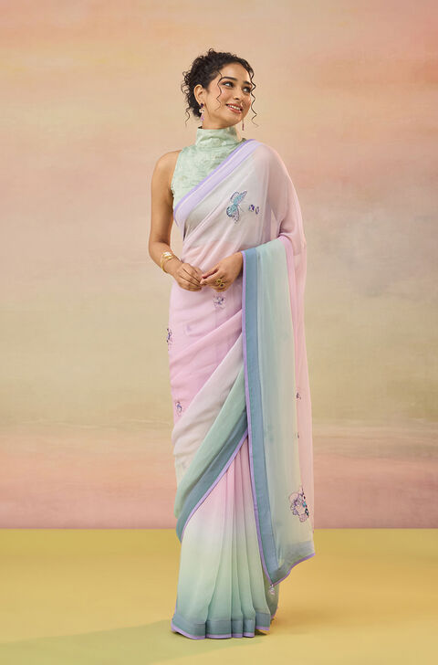 Light Violet Printed Viscose Chiffon Saree