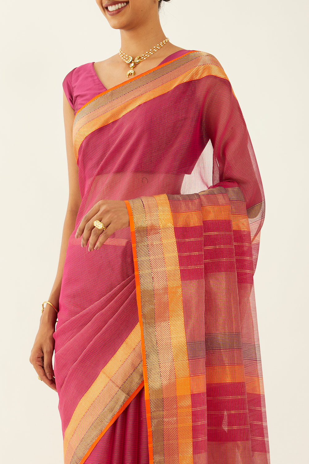 Dark Pink Pure Cotton Tissue Maheshwari Saree image number null