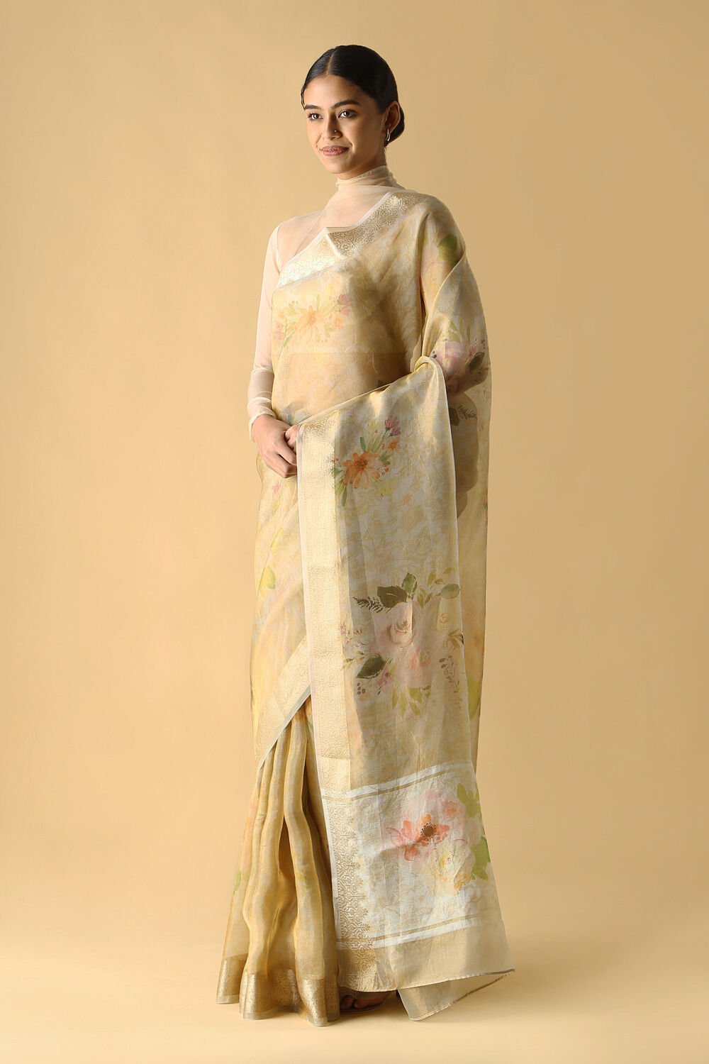 Beige Pure Tissue Silk Digital Printed Saree image number null
