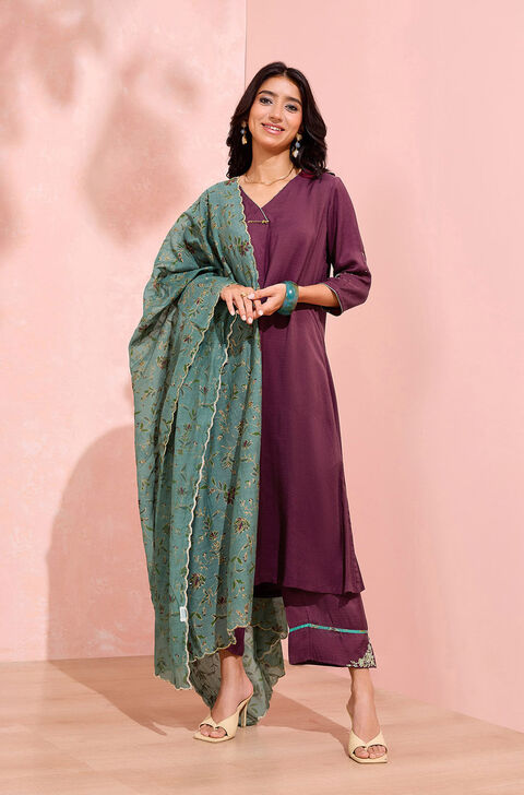 Dark Pink Viscose Embroidered Kurta Set