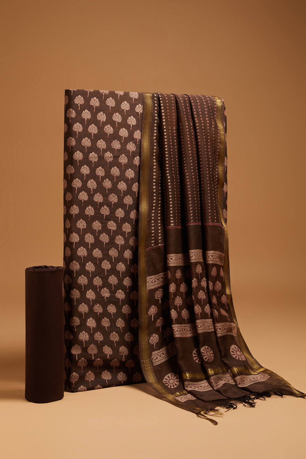 Brown Block Printed Pure Silk Cotton Unstitched Suit Set image number null