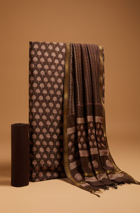 Brown Block Printed Pure Silk Cotton Unstitched Suit Set