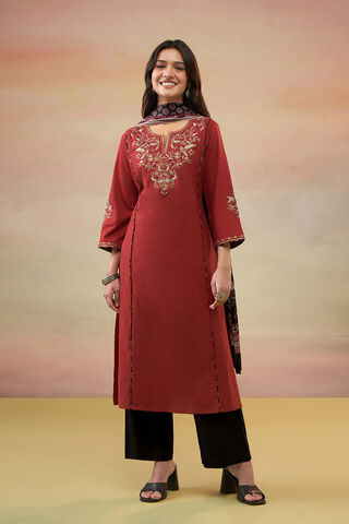 Dark Red Pure Cotton Embroidered Kurta Set thumbnail image number null