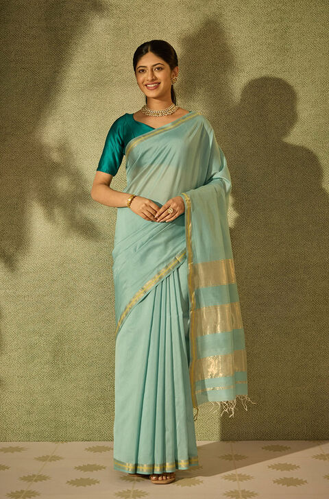 Light Blue Woven Pure Silk Cotton Maheshwar Saree