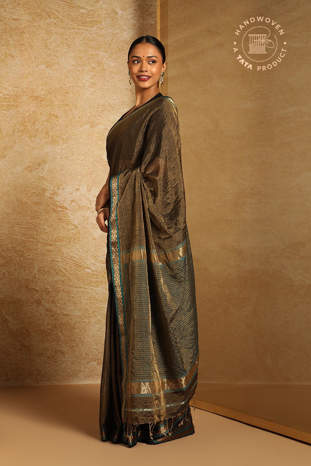 Black Pure Cotton Tissue Woven Maheshwari Saree image number null