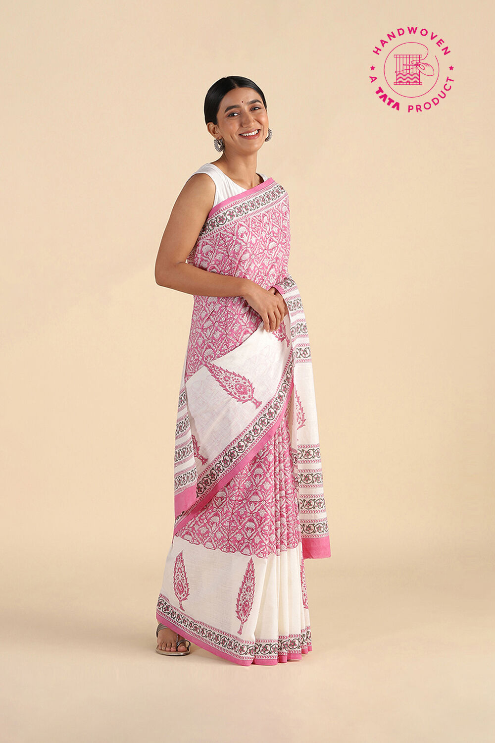 Light Pink Pure Khadi Cotton Sanganeri Hand Blockprinted Saree image number null