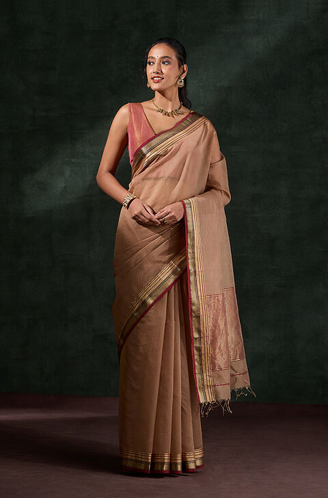 Brown Woven Pure Silk Cotton Maheshwari Saree