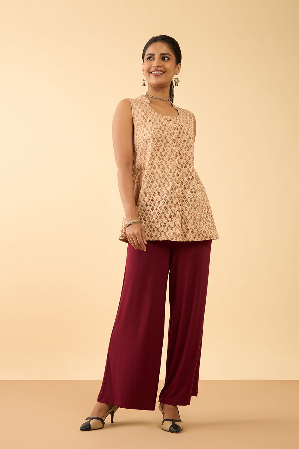 Beige Bagru Block Printed Pure Cotton Short Top image number null