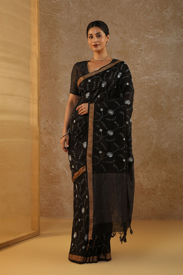Black Pure Silk Linen Embroidery Bhagalpur Saree