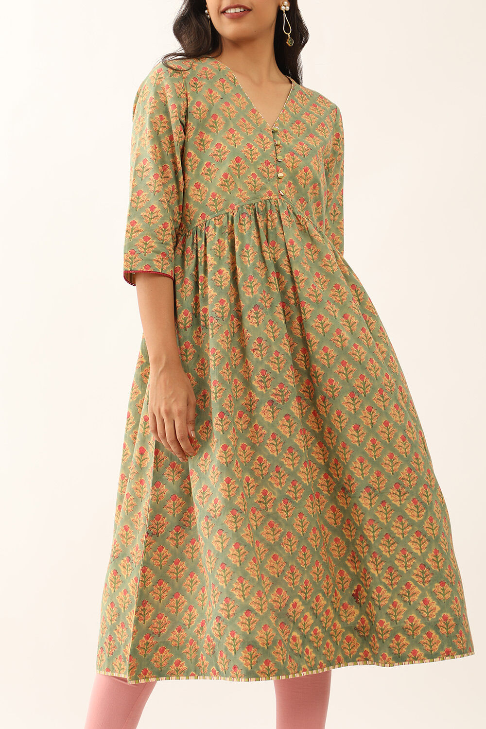 Green Pure Cotton Sanganeri Block Printed Kurta image number null