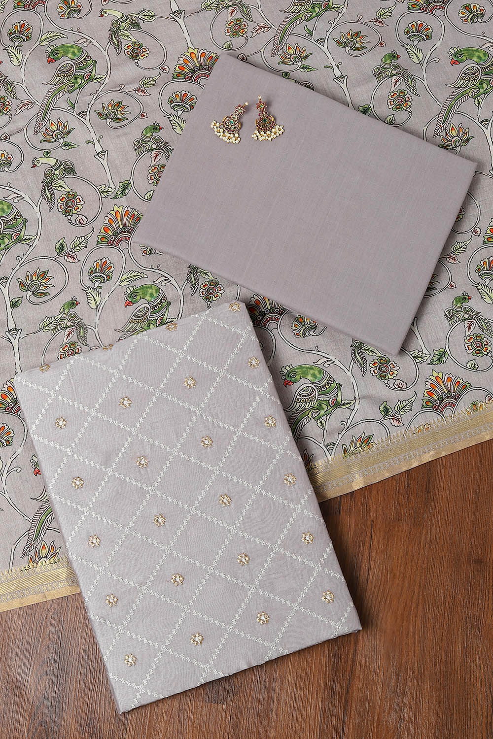 Grey Silk Cotton Embroidered Unstitched Suit Set image number null