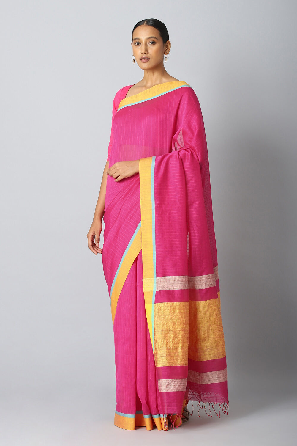 Dark Pink Pure Silk Cotton Bengal Saree image number null