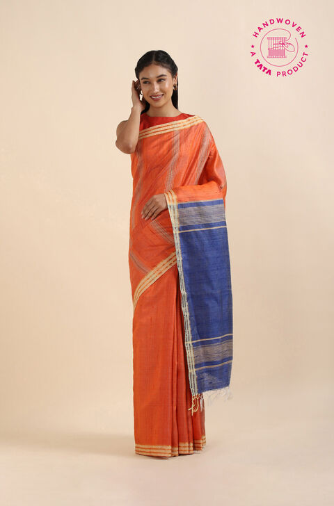 Orange Pure Tussar Silk Bhagalpuri Saree