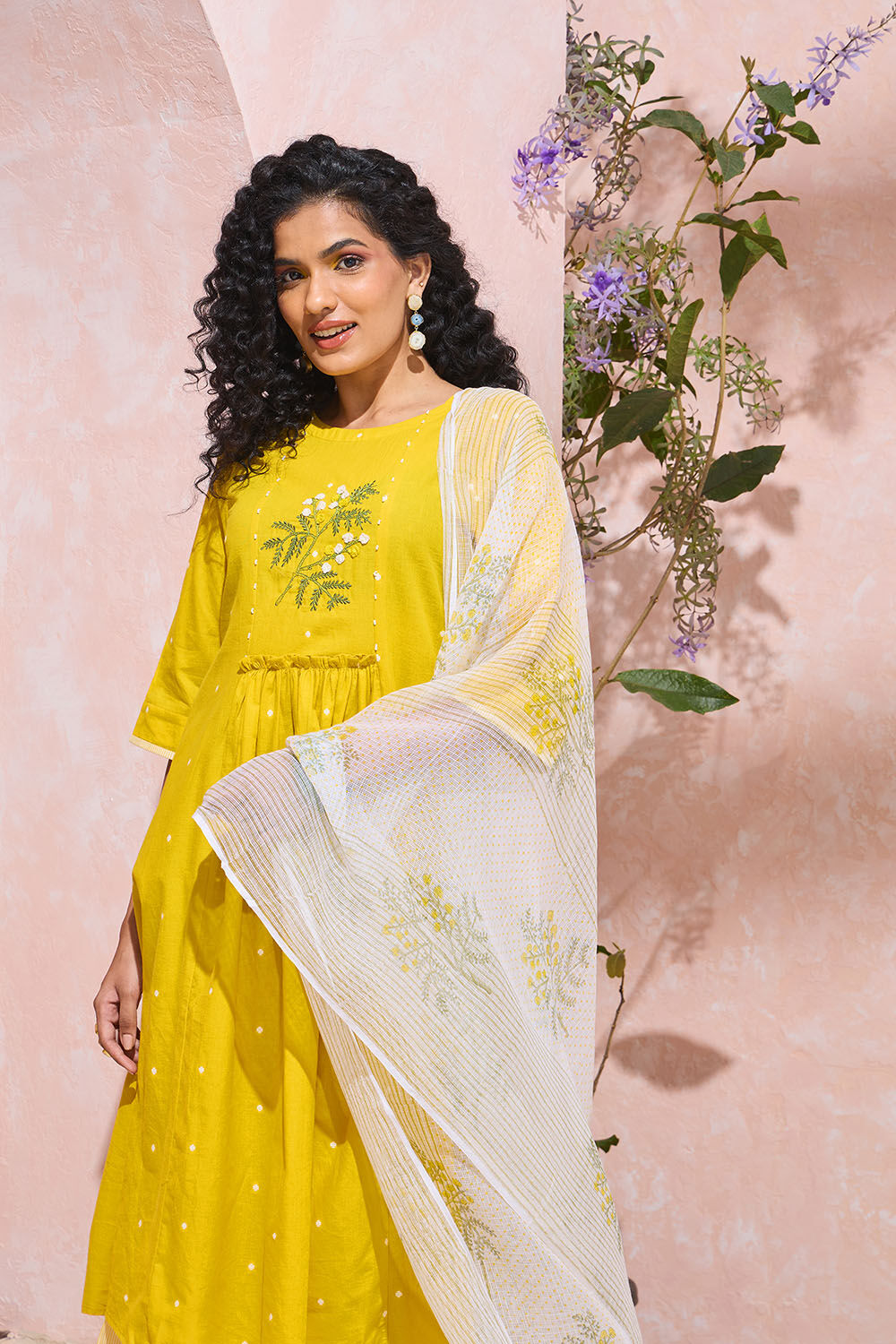 Yellow Pure Cotton Printed Embroidery Kurta Set image number null