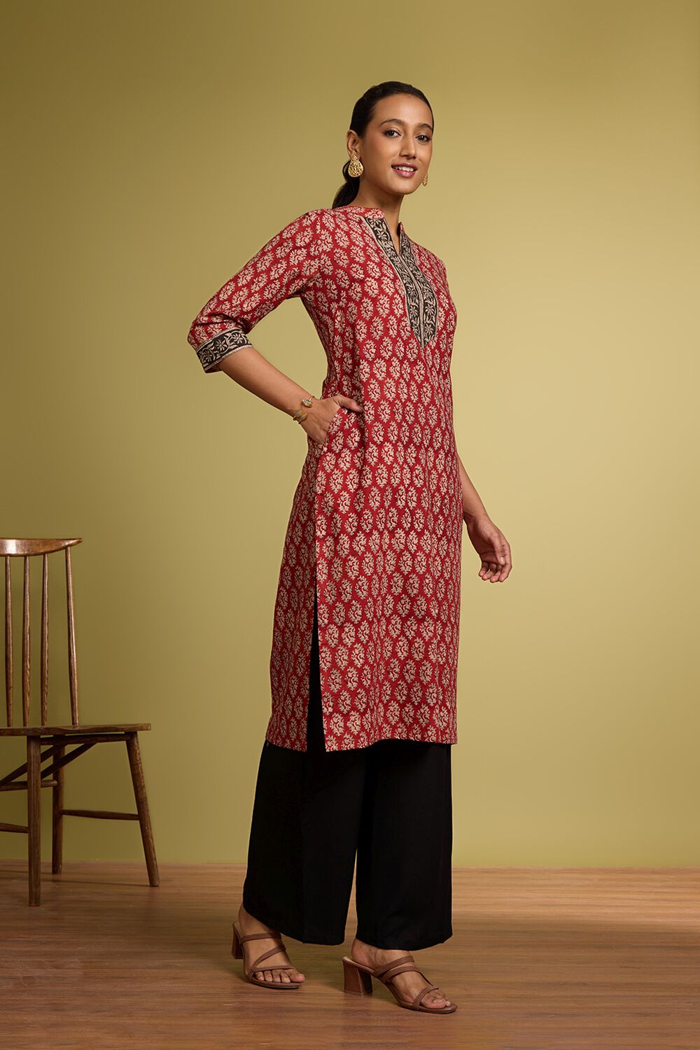 Dark Red Bagru Block Printed Pure Cotton Kurta image number null