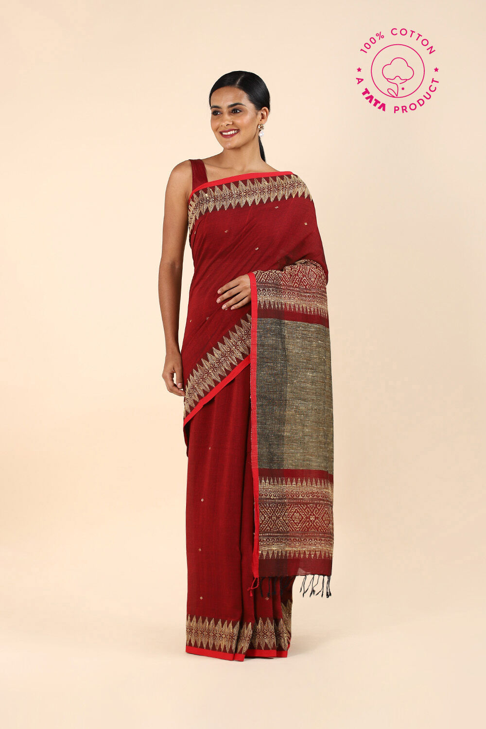 Dark Red Pure Cotton Bengal Saree image number null