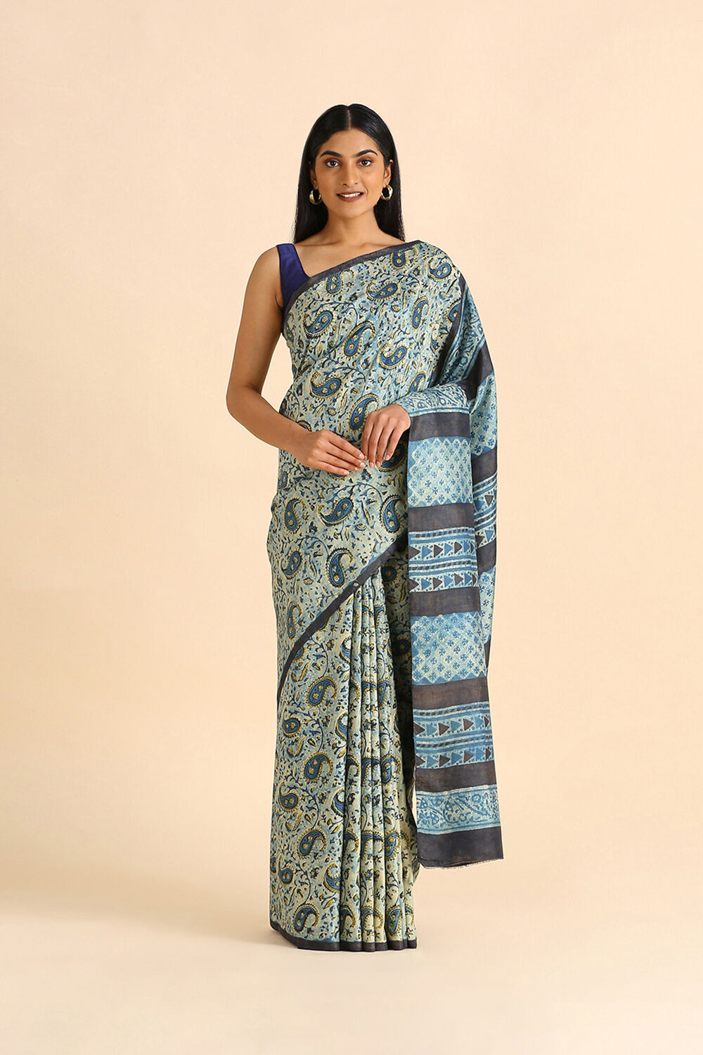 Blue Ajrakh Hand Blockprinted Pure Silk Saree image number null