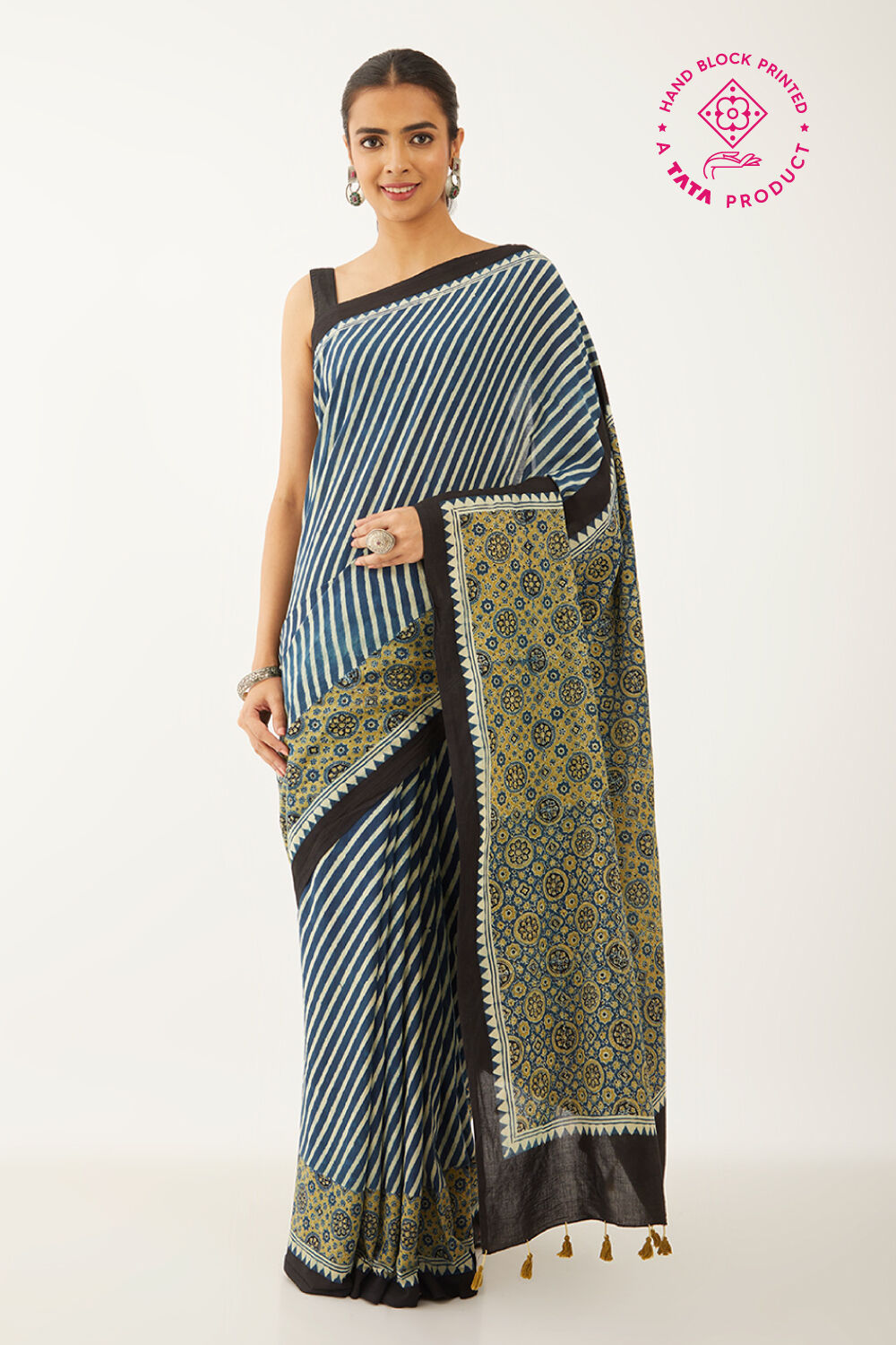 Beige - Mul Cotton Block Print Ajrakh Saree 04