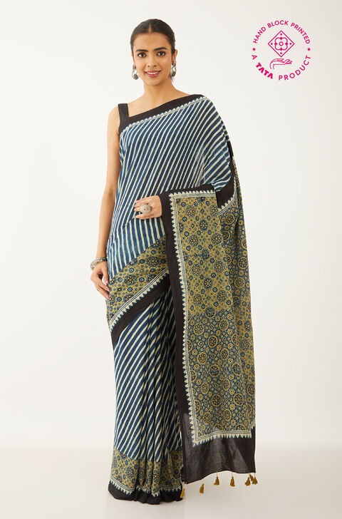 Blue Pure Cotton Ajrakh Block Print Saree