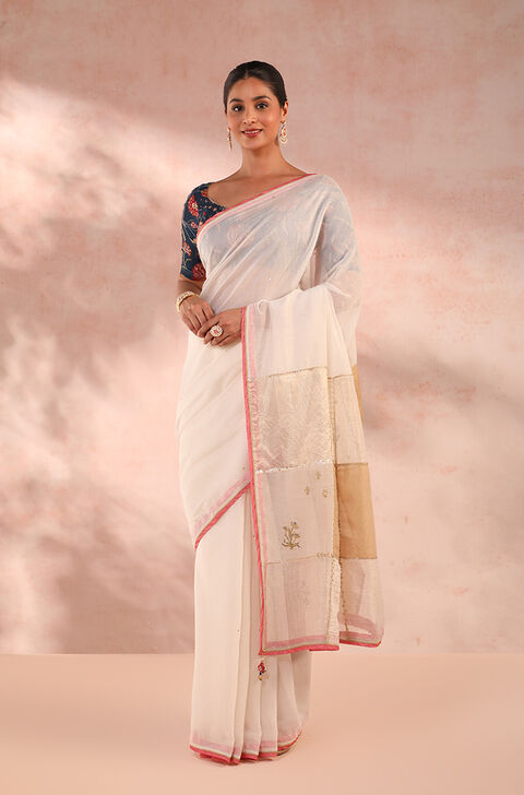 Off White Pure Silk Cotton Embroidery Saree