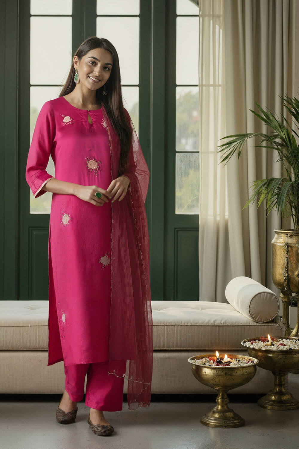 Dark Pink Embroidered Pure Viscose Kurta Set image number null