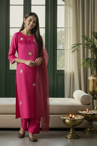 Dark Pink Embroidered Pure Viscose Kurta Set image number
