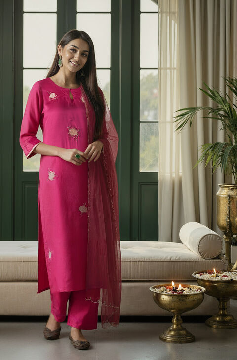 Dark Pink Embroidered Pure Viscose Kurta Set