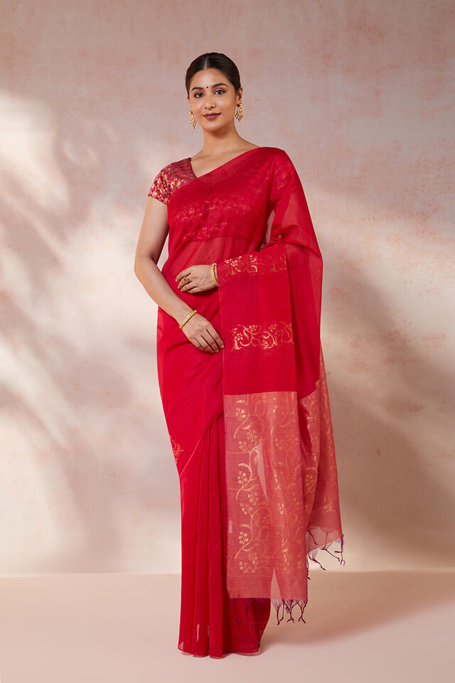 Red Woven Pure Silk Cotton South Saree
