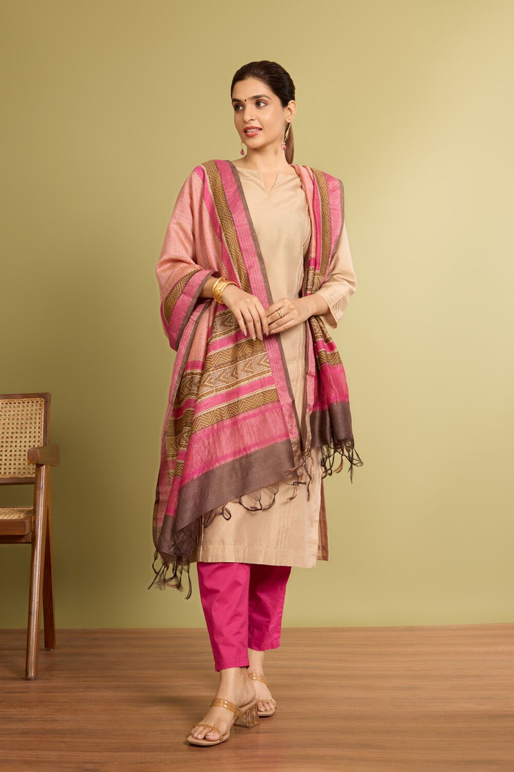 Light Pink Block Printed Silk Muga Dupatta image number null